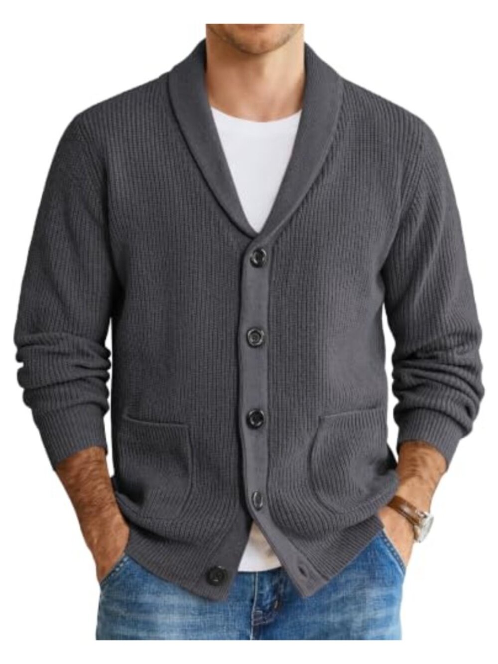 Mens Shawl Collar Cable Knit Cardigan Sweater Slim Fit Button Up Cotton